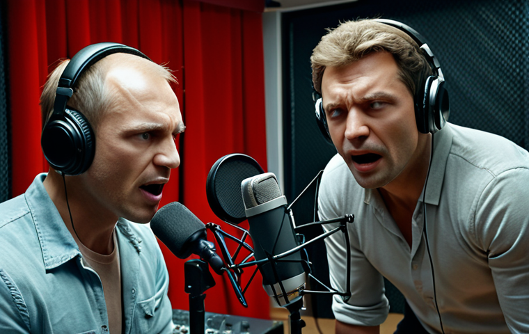 **

"A scene inside a professional Russian dubbing studio.  Actors with headphones in front of microphones, passionately voicing characters from a popular Hollywood film.  Soundproofing and studio equipment visible.  Focus on the emotion and energy of voice acting."

**