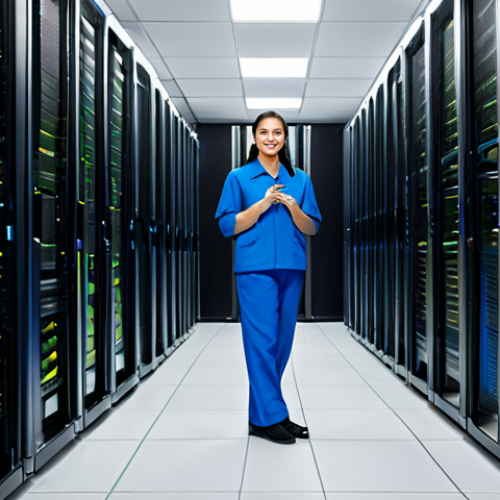 Home 23 A highly skilled network engineer in a professional work uniform, fully clothed, standing confidently amidst rows of glowing servers and neatly arranged network cables in a state-of-the-art data center, representing the core infrastructure of an OTT platform. The atmosphere is clean and organized, with subtle cool lighting. Professional photography, hyperrealistic, intricate details, perfect anatomy, correct proportions, natural pose, well-formed hands, proper finger count, natural body proportions, safe for work, appropriate content, fully clothed, professional dress, high quality.