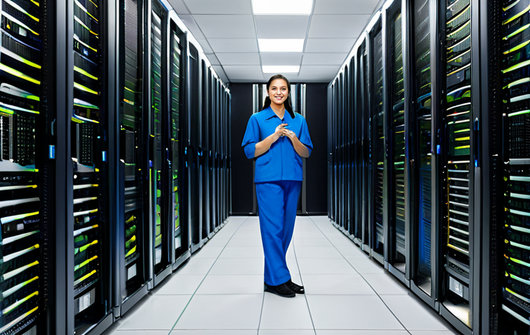 A highly skilled network engineer in a professional work uniform, fully clothed, standing confidently amidst rows of glowing servers and neatly arranged network cables in a state-of-the-art data center, representing the core infrastructure of an OTT platform. The atmosphere is clean and organized, with subtle cool lighting. Professional photography, hyperrealistic, intricate details, perfect anatomy, correct proportions, natural pose, well-formed hands, proper finger count, natural body proportions, safe for work, appropriate content, fully clothed, professional dress, high quality.