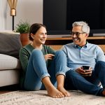 Cozy Evening Streaming**

A family (parents and one child) are fully clothed in comfortable, modest clothing, sitting on a couch in a warmly lit living room, watching a streaming service on a large television. The room is decorated in a modern style, with a soft rug and a coffee table. Everyone is smiling and engaged with the content on the screen. Safe for work, appropriate content, fully clothed, professional photography, perfect anatomy, natural proportions, family-friendly.

**