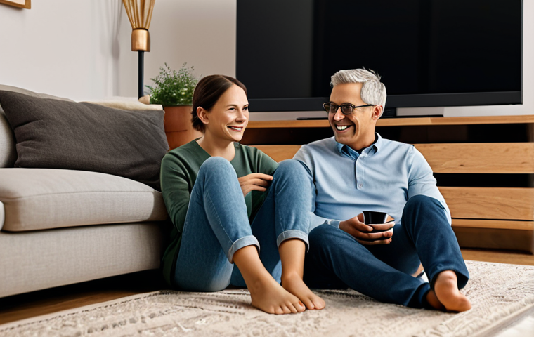 Cozy Evening Streaming**

A family (parents and one child) are fully clothed in comfortable, modest clothing, sitting on a couch in a warmly lit living room, watching a streaming service on a large television. The room is decorated in a modern style, with a soft rug and a coffee table. Everyone is smiling and engaged with the content on the screen. Safe for work, appropriate content, fully clothed, professional photography, perfect anatomy, natural proportions, family-friendly.

**