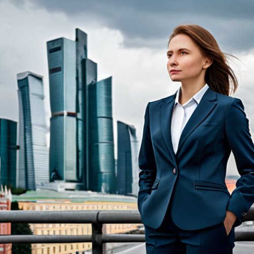 Home 11 **
"A professional businesswoman in a stylish, modest business suit, standing confidently in front of the Moscow City skyline, fully clothed, appropriate attire, safe for work, perfect anatomy, natural proportions, professional corporate photography, high quality, daytime, overcast sky."
**