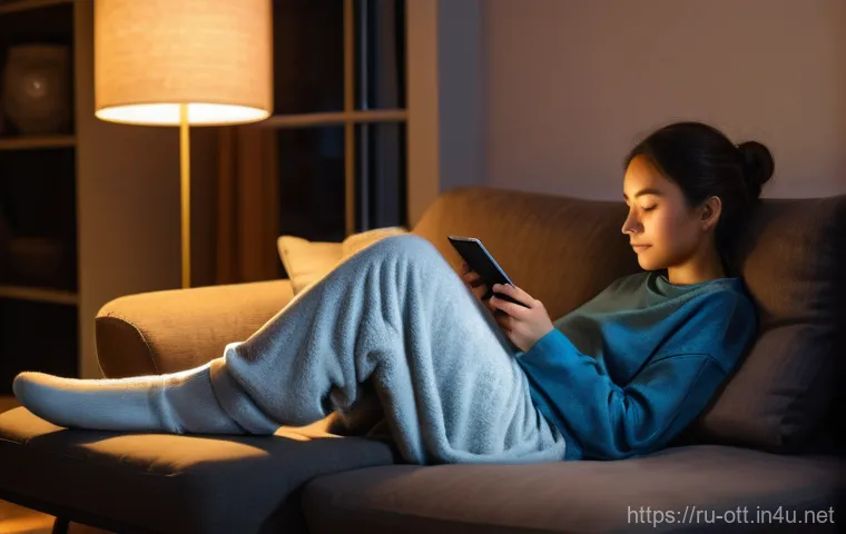 OTT 콘텐츠 제작의 혁신 - **Prompt:** A young woman, in her early twenties, is comfortably curled up on a plush sofa in a warm...