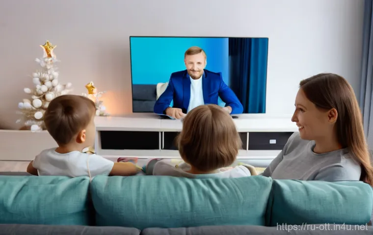 OTT 플랫폼과 사용자 신뢰 - A cozy family evening in a modern Russian apartment. A multi-generational family (a mother, a father...