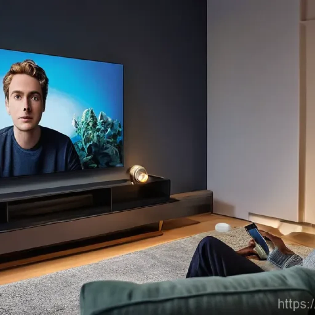 OTT와 실시간 채팅 기능 - **"Interactive Viewing Night"**
    A young adult, casually dressed in comfortable loungewear, sits ...