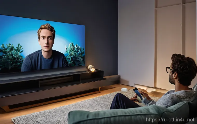 OTT와 실시간 채팅 기능 - **"Interactive Viewing Night"**
A young adult, casually dressed in comfortable loungewear, sits ...