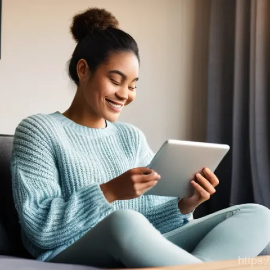 넷플릭스 오프라인 다운로드 - **Prompt:** A young woman in her late 20s, with a warm smile, is comfortably seated on a plush sofa ...