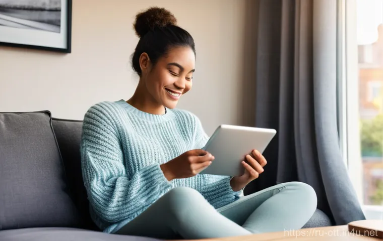 넷플릭스 오프라인 다운로드 - **Prompt:** A young woman in her late 20s, with a warm smile, is comfortably seated on a plush sofa ...