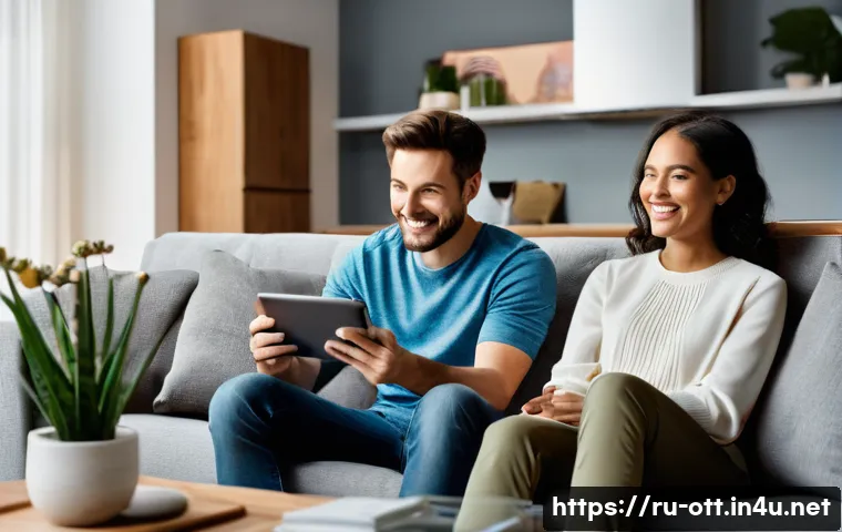 OTT 플랫폼 광고 수익 - **Prompt 1: The Seamless Streaming Experience**
A modern living room scene, brightly lit with na...