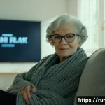 Home 16 OTT 플랫폼 접근성 기능 - **Prompt 1: Personalized Subtitle Comfort**
A wide shot of an elderly woman, perhaps in her late...