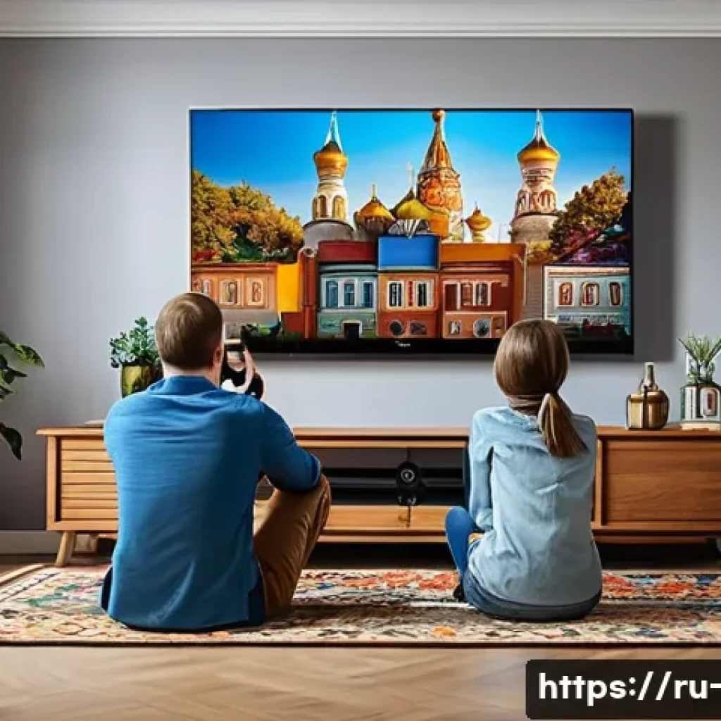 OTT 마케팅 사례 - A modern living room scene featuring a diverse Russian family watching OTT content on a large smart ...