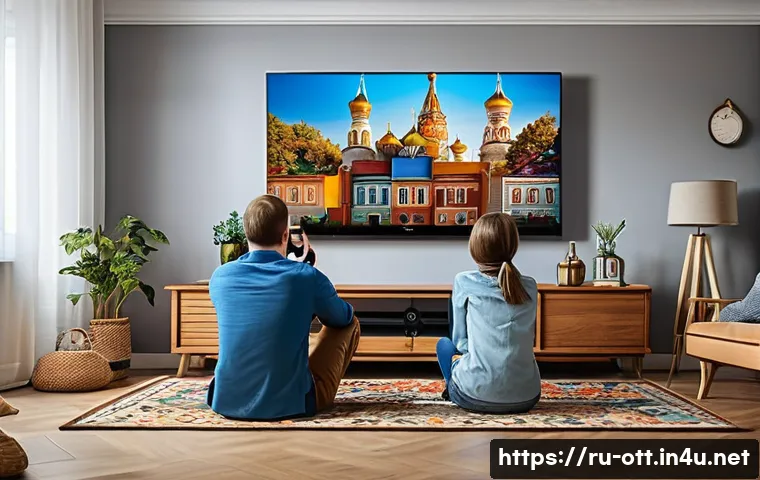 OTT 마케팅 사례 - A modern living room scene featuring a diverse Russian family watching OTT content on a large smart ...
