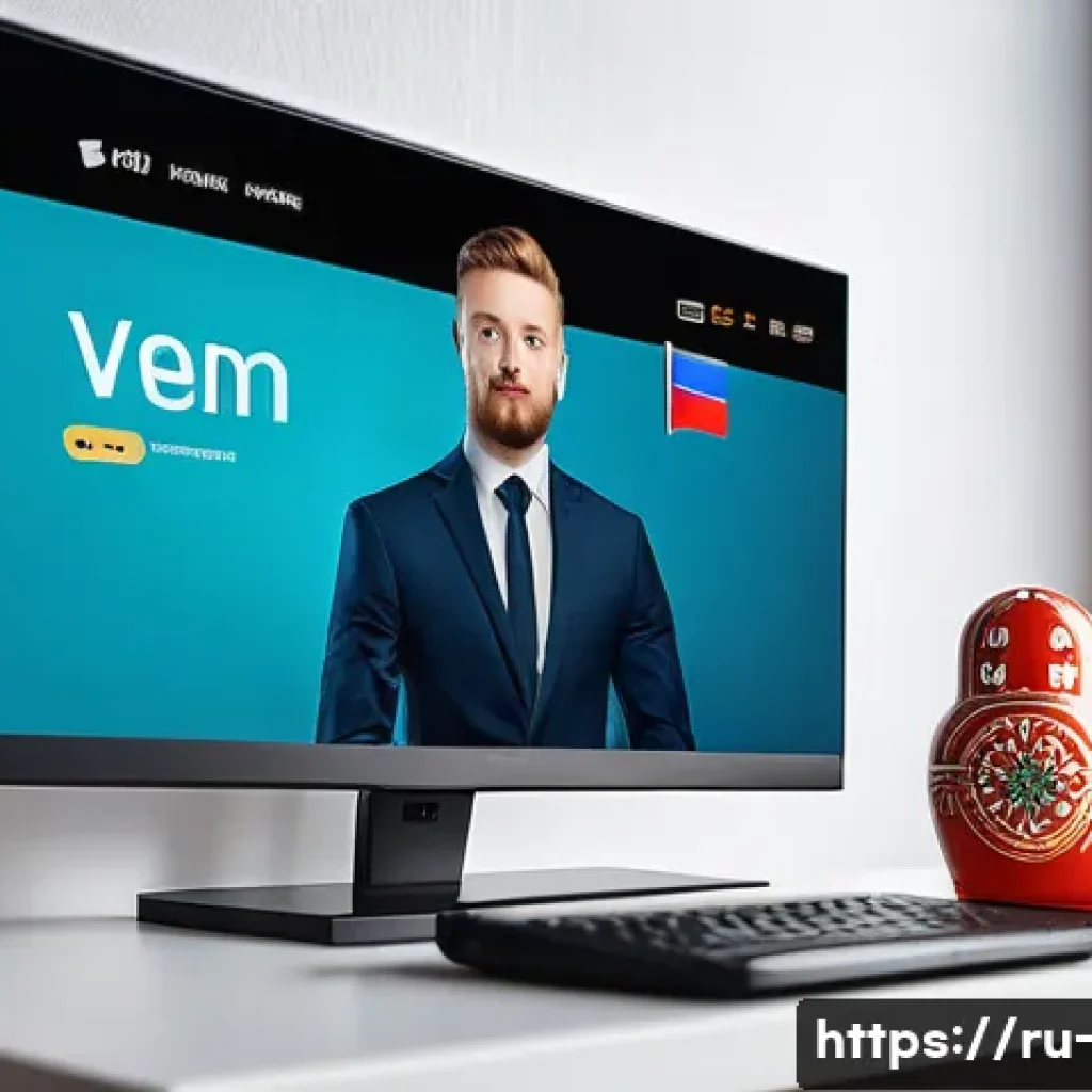 OTT VPN 사용 방법 - A modern living room scene with a young Russian man comfortably streaming a popular American TV show...