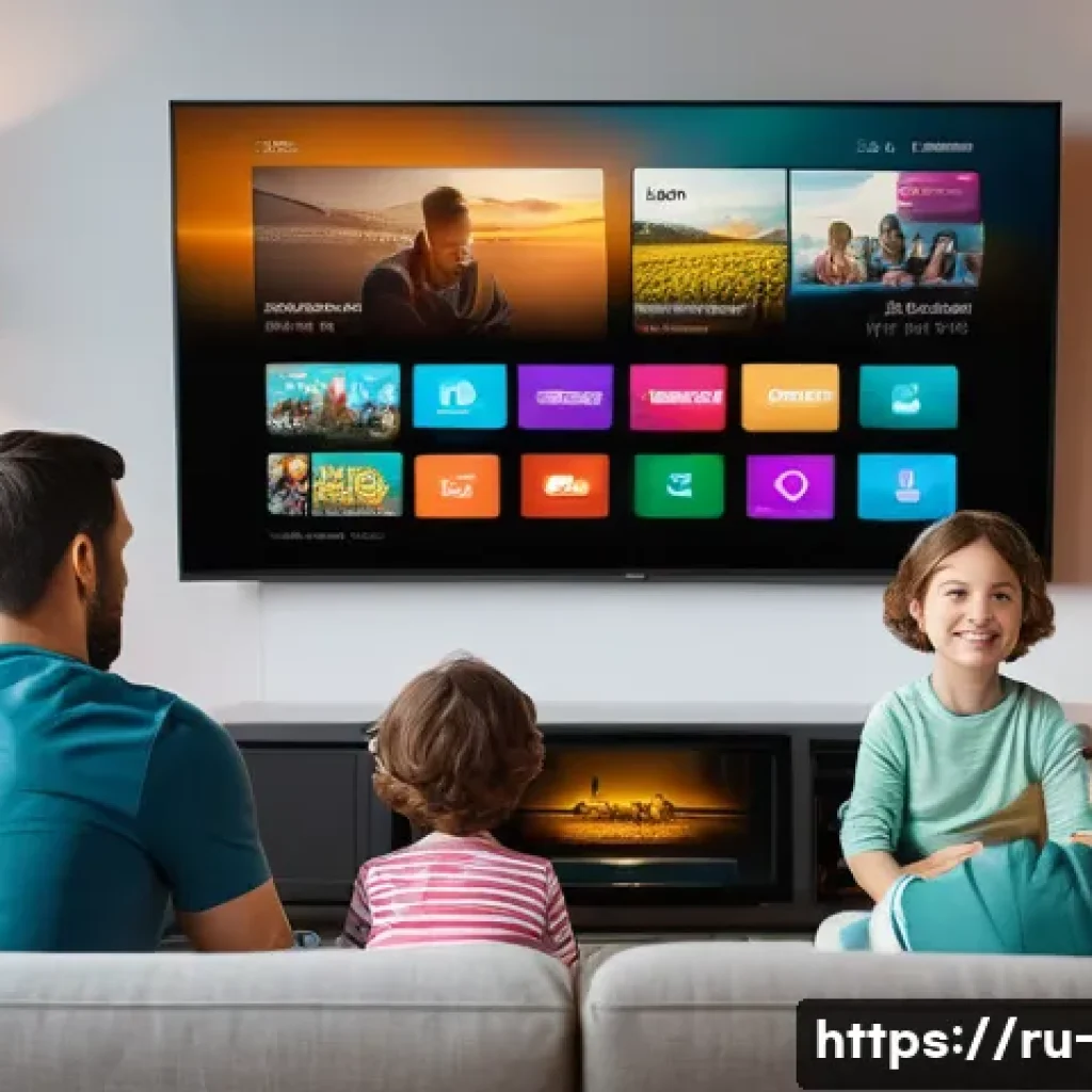 OTT 플랫폼 한 달 무료 체험 - A cozy living room scene featuring a diverse family of four enjoying a streaming service trial on a ...