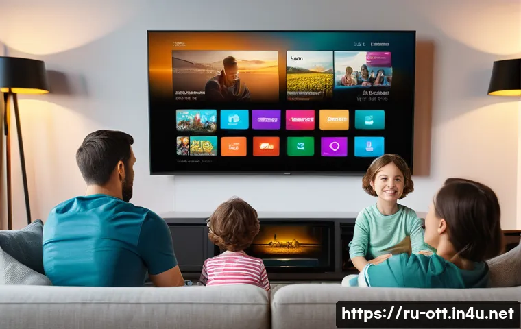 OTT 플랫폼 한 달 무료 체험 - A cozy living room scene featuring a diverse family of four enjoying a streaming service trial on a ...