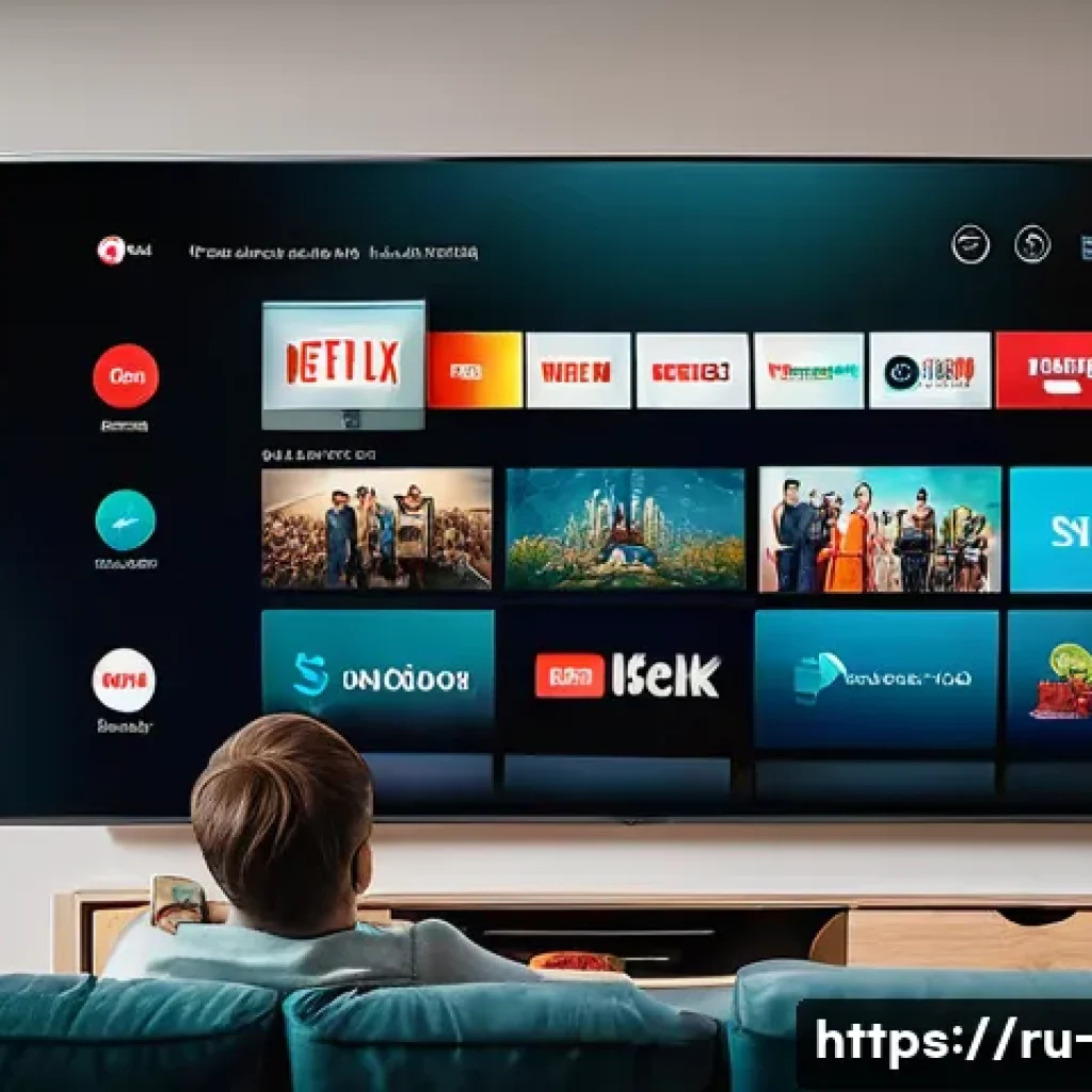 OTT 글로벌 시장 분석 - A modern living room scene featuring a diverse Russian family comfortably watching a popular OTT str...