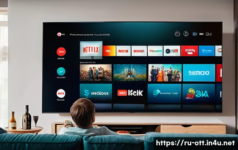 OTT 글로벌 시장 분석 - A modern living room scene featuring a diverse Russian family comfortably watching a popular OTT str...