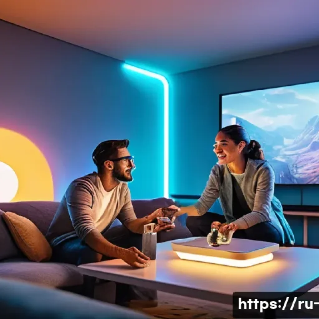 OTT와 몰입형 경험 - A futuristic living room scene showcasing a family actively engaging with an interactive 3D holograp...