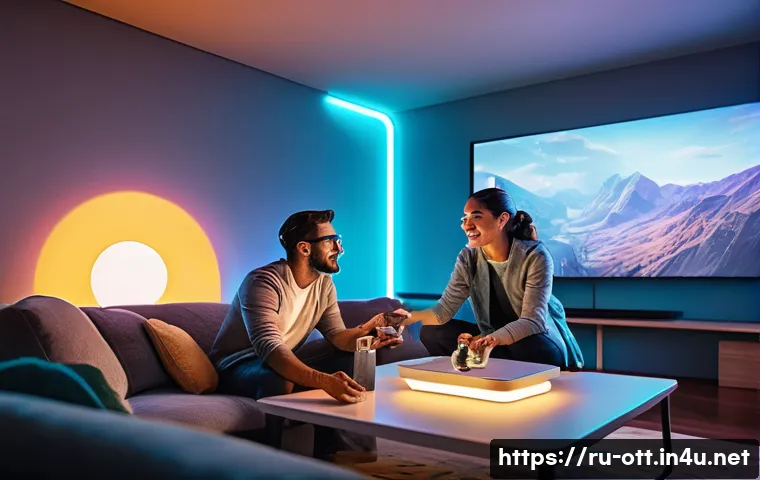OTT와 몰입형 경험 - A futuristic living room scene showcasing a family actively engaging with an interactive 3D holograp...
