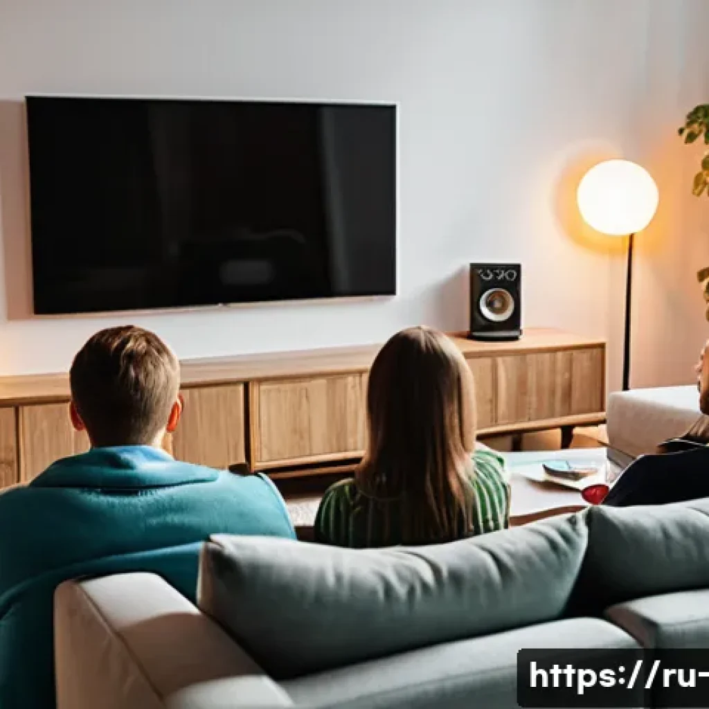 OTT 콘텐츠의 사회적 영향 - A cozy modern living room in a Russian urban apartment where a diverse family of four—parents and tw...