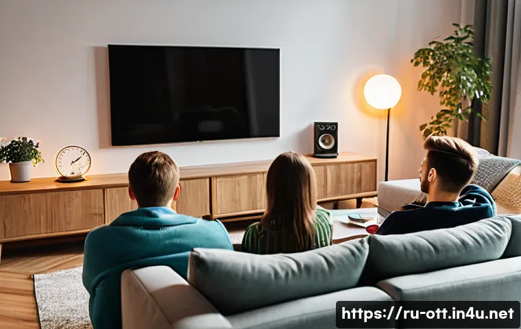 OTT 콘텐츠의 사회적 영향 - A cozy modern living room in a Russian urban apartment where a diverse family of four—parents and tw...