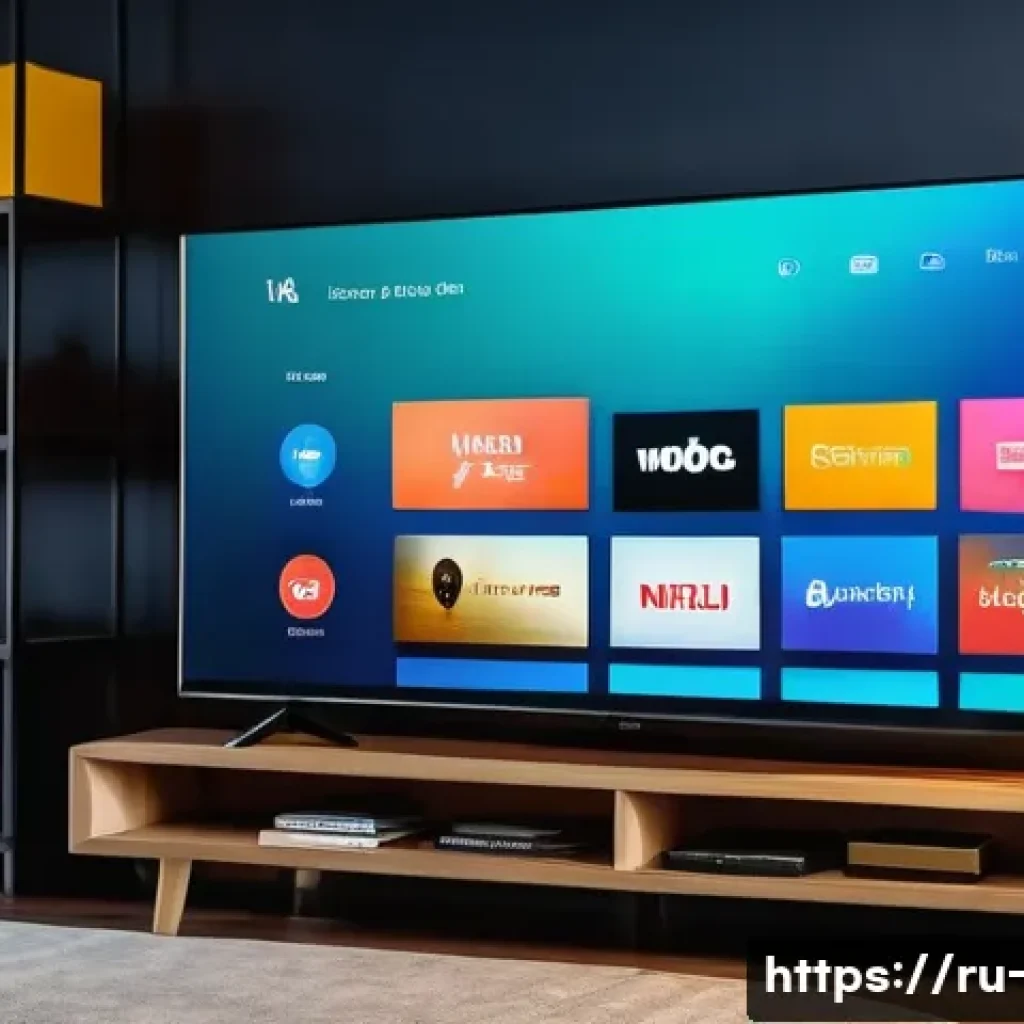 OTT 비슷한 서비스 비교 - A modern streaming service user interface displayed on a large Smart TV screen in a cozy living room...