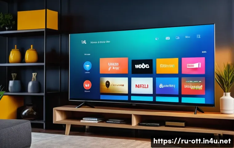 OTT 비슷한 서비스 비교 - A modern streaming service user interface displayed on a large Smart TV screen in a cozy living room...