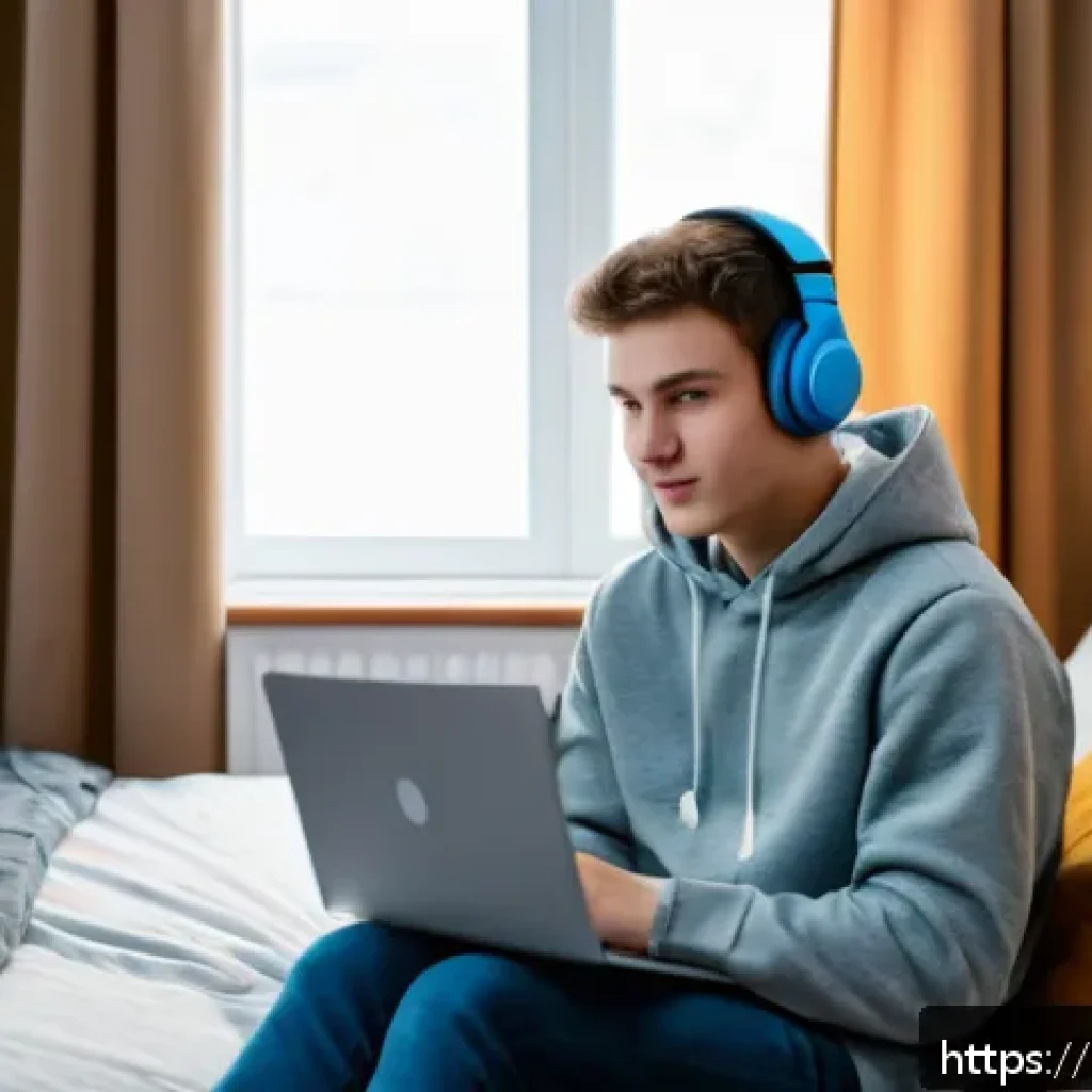 OTT 학생 요금제 - A cozy modern student dorm room scene featuring a young Russian university student sitting comfortab...