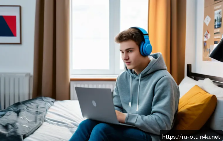 OTT 학생 요금제 - A cozy modern student dorm room scene featuring a young Russian university student sitting comfortab...