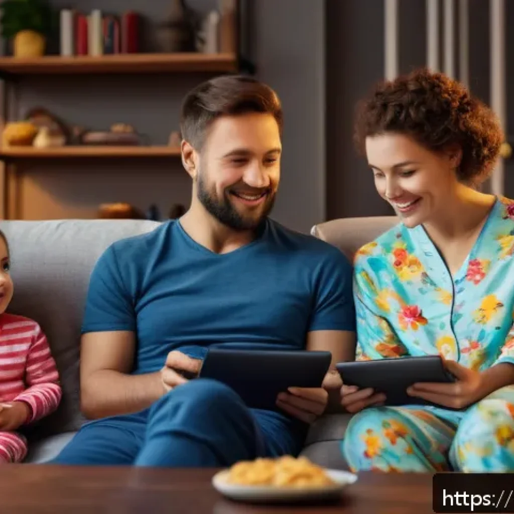 디즈니 요금제 - A cozy modern Russian family living room scene featuring a family of four enjoying a movie night tog...