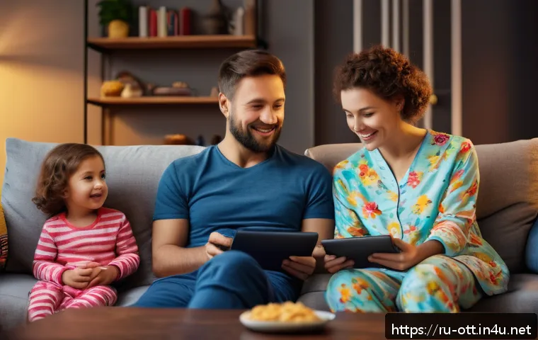 디즈니  요금제 - A cozy modern Russian family living room scene featuring a family of four enjoying a movie night tog...