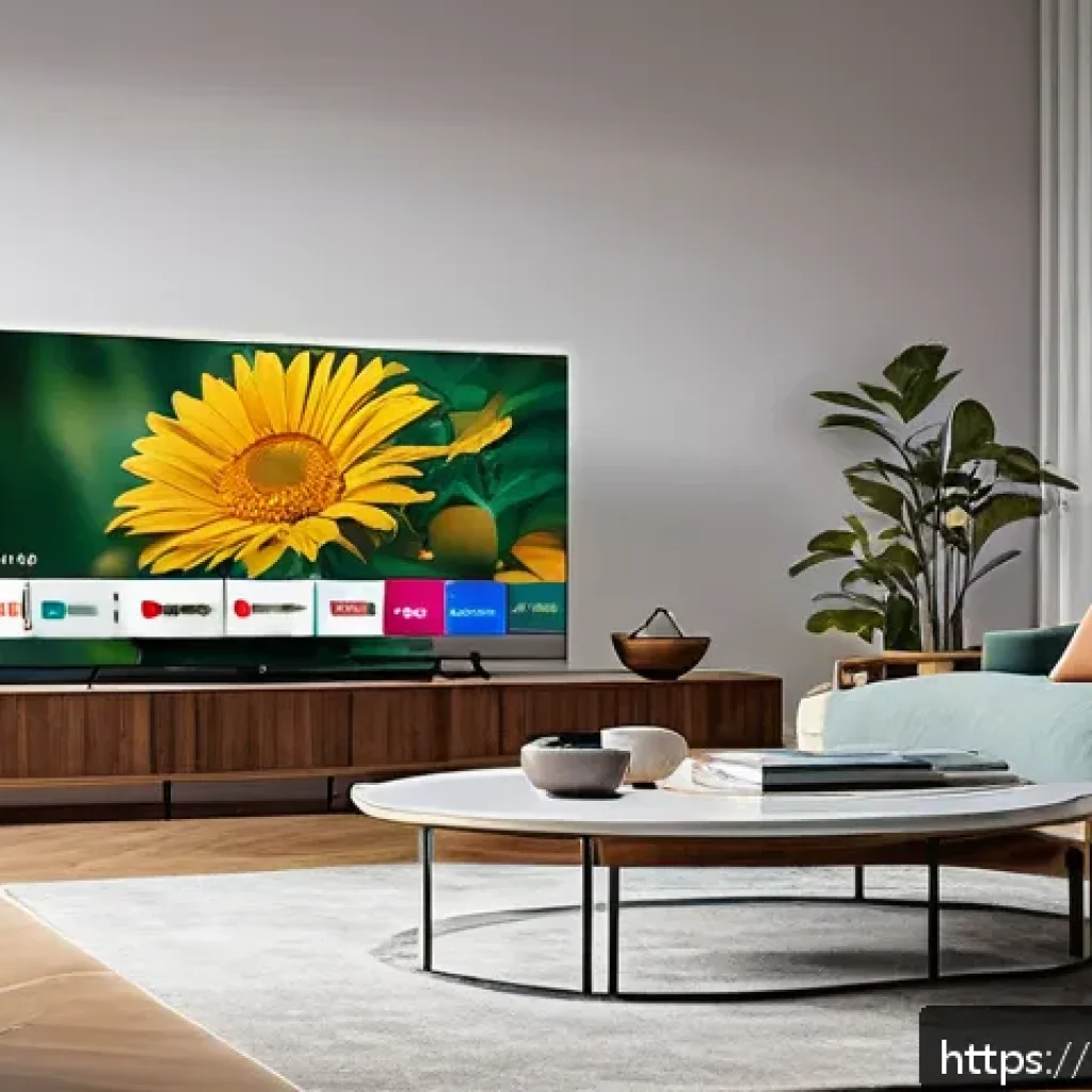 OTT 콘텐츠와 기술 혁신 사례 - A modern living room scene showing a diverse family gathered around a large smart TV streaming platf...