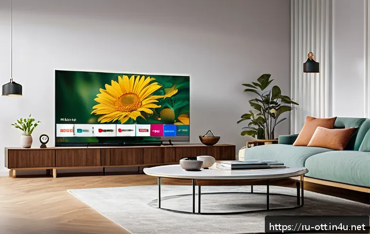 OTT 콘텐츠와 기술 혁신 사례 - A modern living room scene showing a diverse family gathered around a large smart TV streaming platf...
