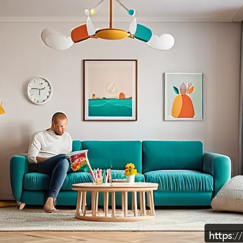 OTT 부모 설정 기능 - A cozy family living room scene showing a Russian mother and father sitting comfortably on a modern ...