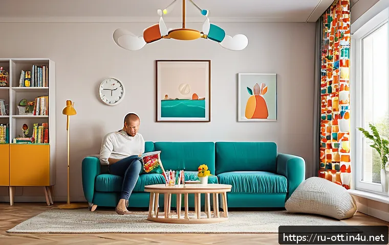 OTT 부모 설정 기능 - A cozy family living room scene showing a Russian mother and father sitting comfortably on a modern ...