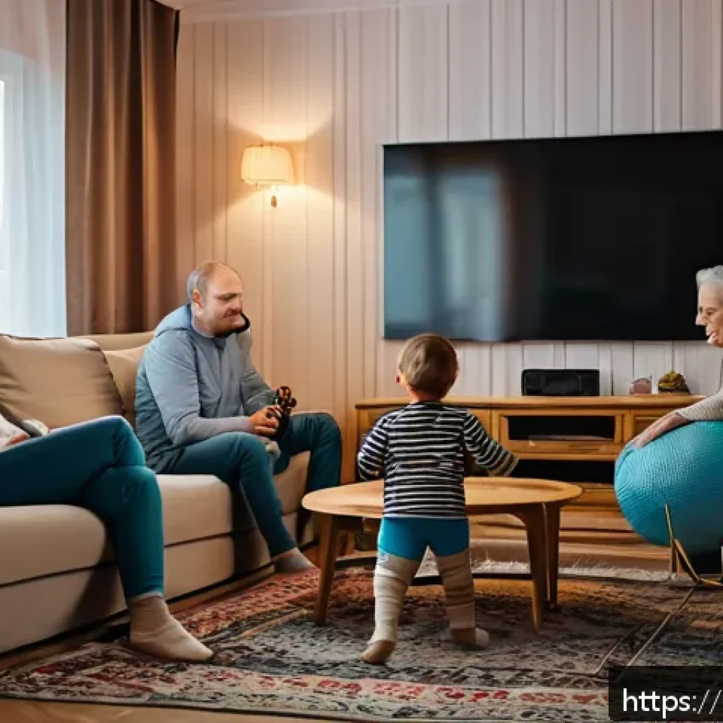 OTT와 패밀리 공유 기능 - A cozy modern Russian family living room scene with three generations gathered around a large flat-s...
