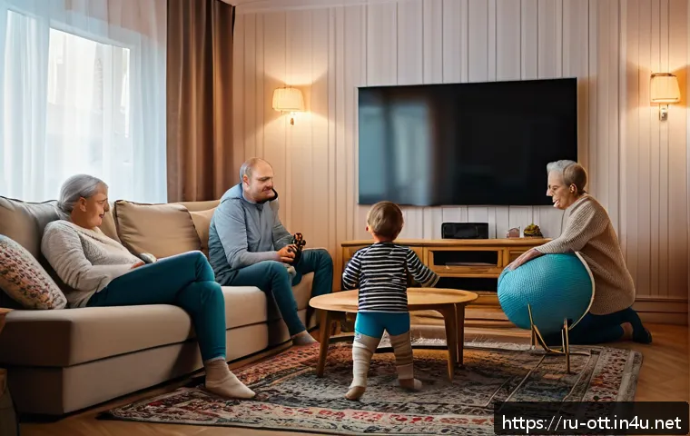 OTT와 패밀리 공유 기능 - A cozy modern Russian family living room scene with three generations gathered around a large flat-s...