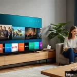 Home 22 OTT와 스트리밍 서비스 경쟁 - A modern living room scene showcasing a family enjoying a streaming service on a large smart TV, wit...