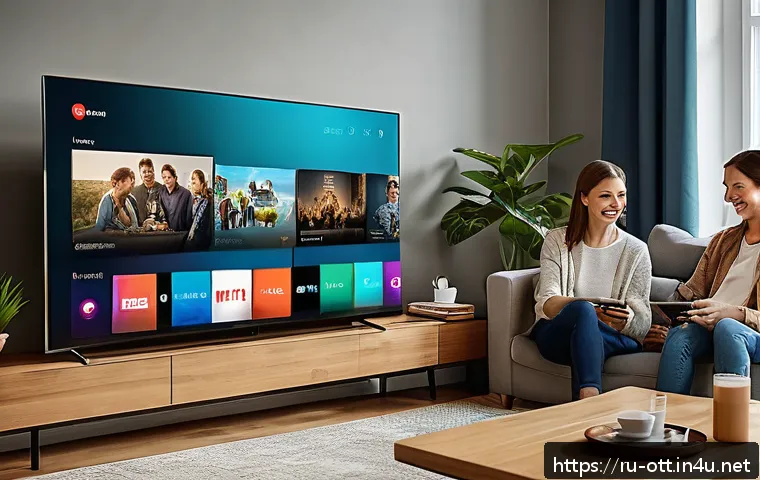 OTT와 스트리밍 서비스 경쟁 - A modern living room scene showcasing a family enjoying a streaming service on a large smart TV, wit...