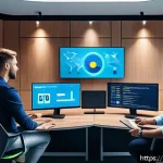 Home 20 OTT와 소셜 미디어 통합 - A modern digital marketing team in a sleek, high-tech office surrounded by multiple large screens di...
