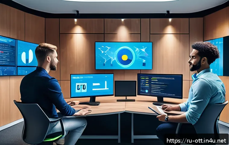 OTT와 소셜 미디어 통합 - A modern digital marketing team in a sleek, high-tech office surrounded by multiple large screens di...