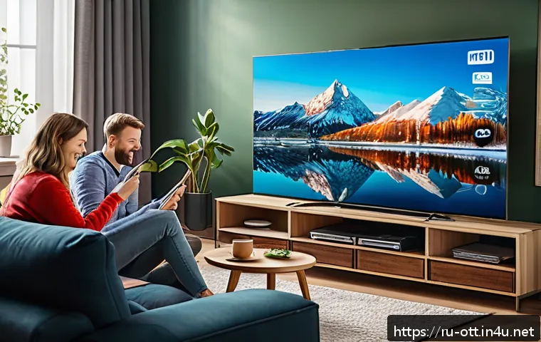 OTT와 케이블 TV 차이 - A cozy modern living room scene featuring a diverse Russian family comfortably watching OTT streamin...