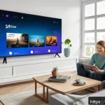 Home 18 OTT 서비스의 혁신적 기능 - A modern living room scene featuring a Russian family gathered around a large smart TV screen displa...