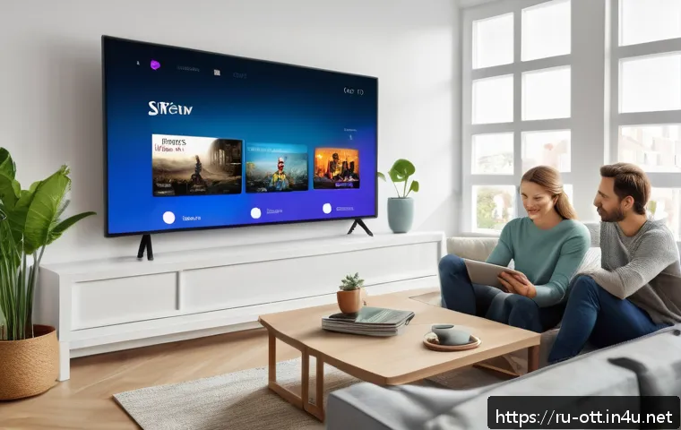 OTT 서비스의 혁신적 기능 - A modern living room scene featuring a Russian family gathered around a large smart TV screen displa...