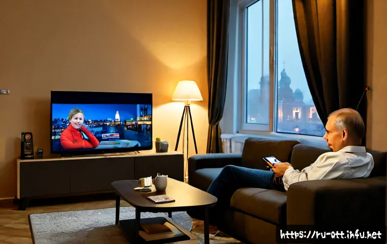 OTT 연간 결제 플랜 - Photorealistic cozy Moscow apartment living room, a middle-aged Russian couple comfortably watching ...