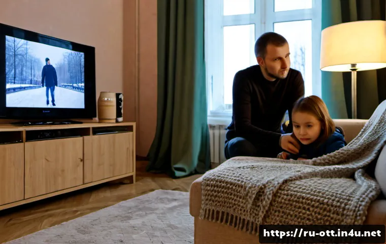 OTT 플랫폼의 지속 가능성 - Photorealistic modern Moscow apartment living room at winter dusk, a Russian family of three in mode...
