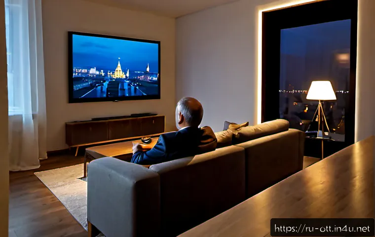 Home 17 OTT와 스트리밍 품질 기술 - Photorealistic modern Moscow apartment living room at dusk, a middle-aged couple relaxing on a sofa ...