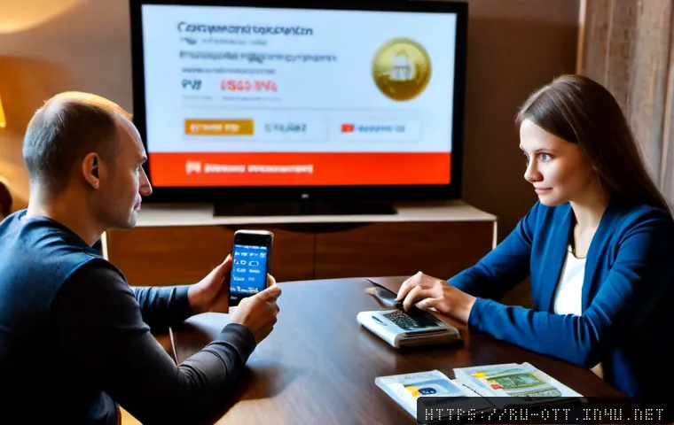 OTT 신규 가입 시 주의할 점 - Photorealistic evening scene of a Russian couple in their 40s carefully comparing streaming subscrip...