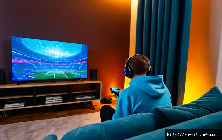 Home 17 OTT e스포츠 중계 - Photorealistic evening scene of a Russian esports fan watching a live competitive video game tournam...